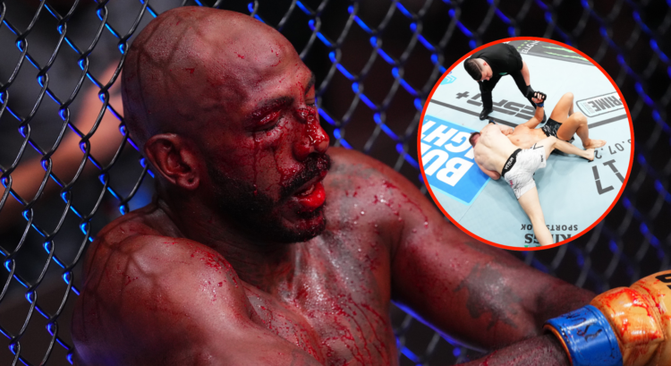 Khalil Rountree Jr reacts after his TKO loss to Alex Pereira at UFC 307. Inset of Ion Cutelaba securing a submission win against Ibo Aslan at UFC S...