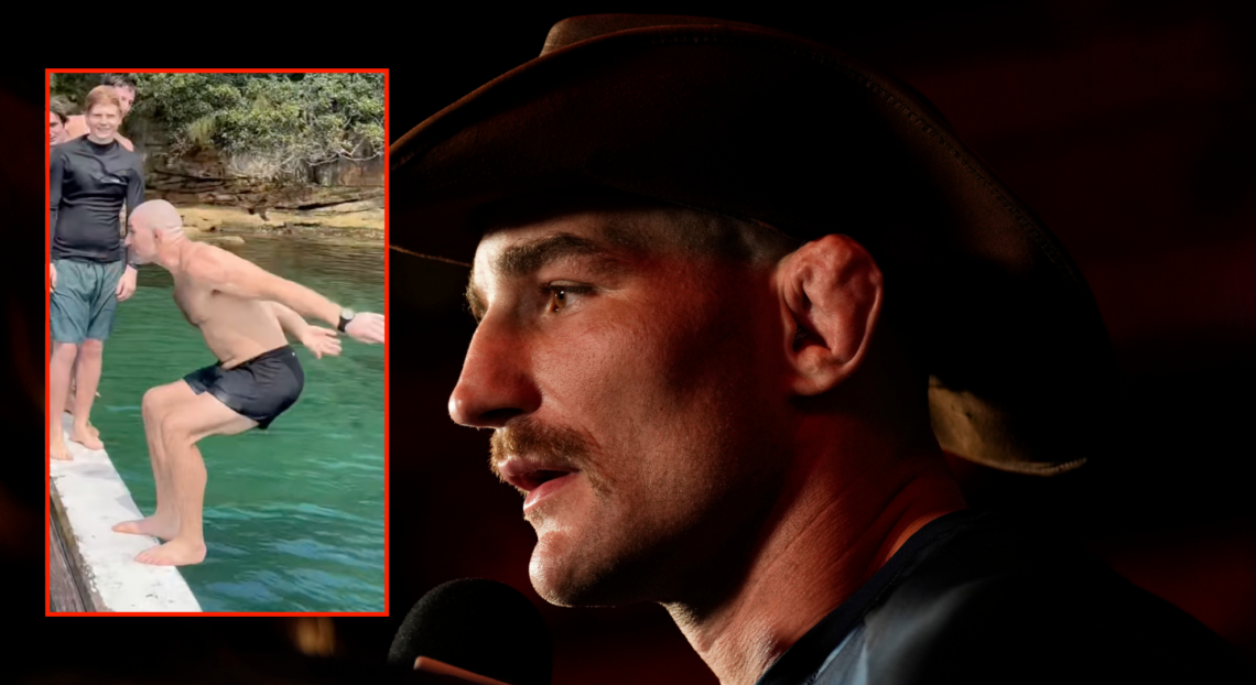Image of Sean Strickland at UFC 312 ceremonial weigh-ins with an inset of Sean Strickland performing backflip