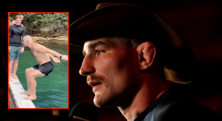 Image of Sean Strickland at UFC 312 ceremonial weigh-ins with an inset of Sean Strickland performing backflip
