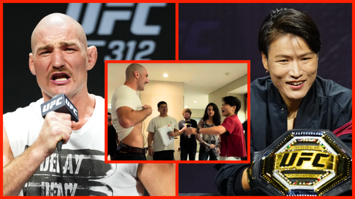 (left) Sean Strickland on the mic at UFC 312, and (right) Zhang Weili on the mic at UFC 312. Inset. Strickland and Zhang interacting in the UFC Emb...