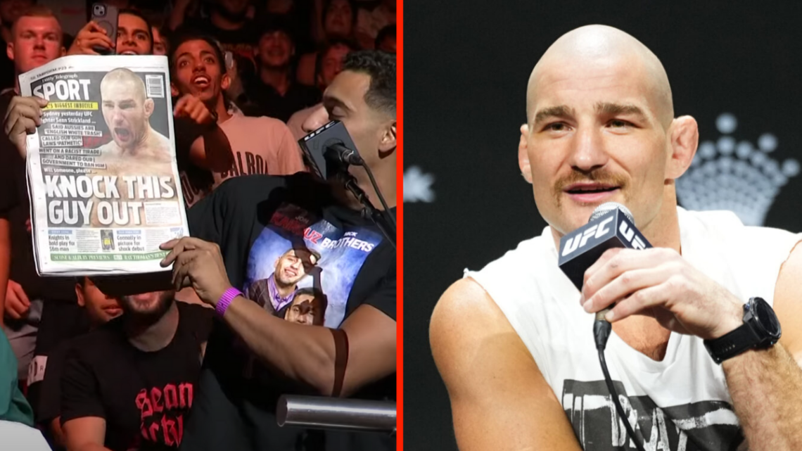 Split photo of a fan holding up The Daily Telegraph with mention of Sean Strickland (left), and Sean Strickland at the UFC 312 press conference (ri...