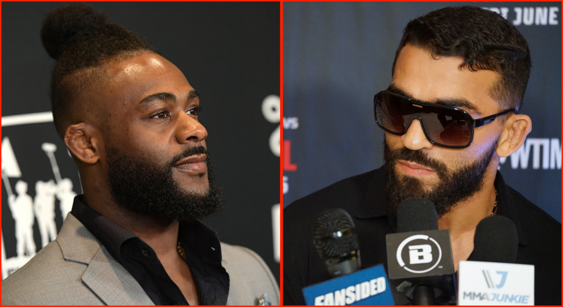 Split Image: Aljamain Sterling attends premiere of "Grace Point". Patricio Pitbull speaks to the media at Bellator 297.