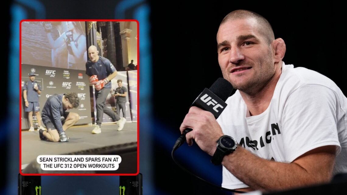Sean Strickland on stage during a press conference. Inset, a video screenshot of Strickland taking down a fan.