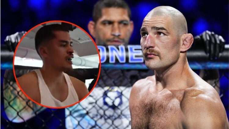 Sean Strickland looks on. Inset, a screenshot of streamer Sneako after sparring with Strickland.