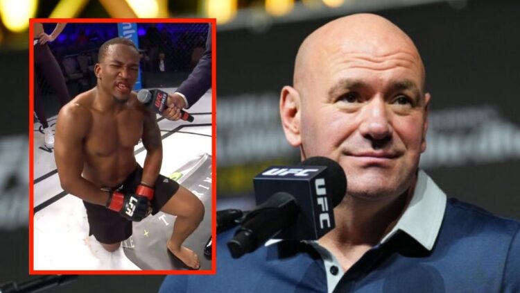 Split image: Phuma Nkuta on his knees at LFA 202. Dana White at the UFC 308 press conference.