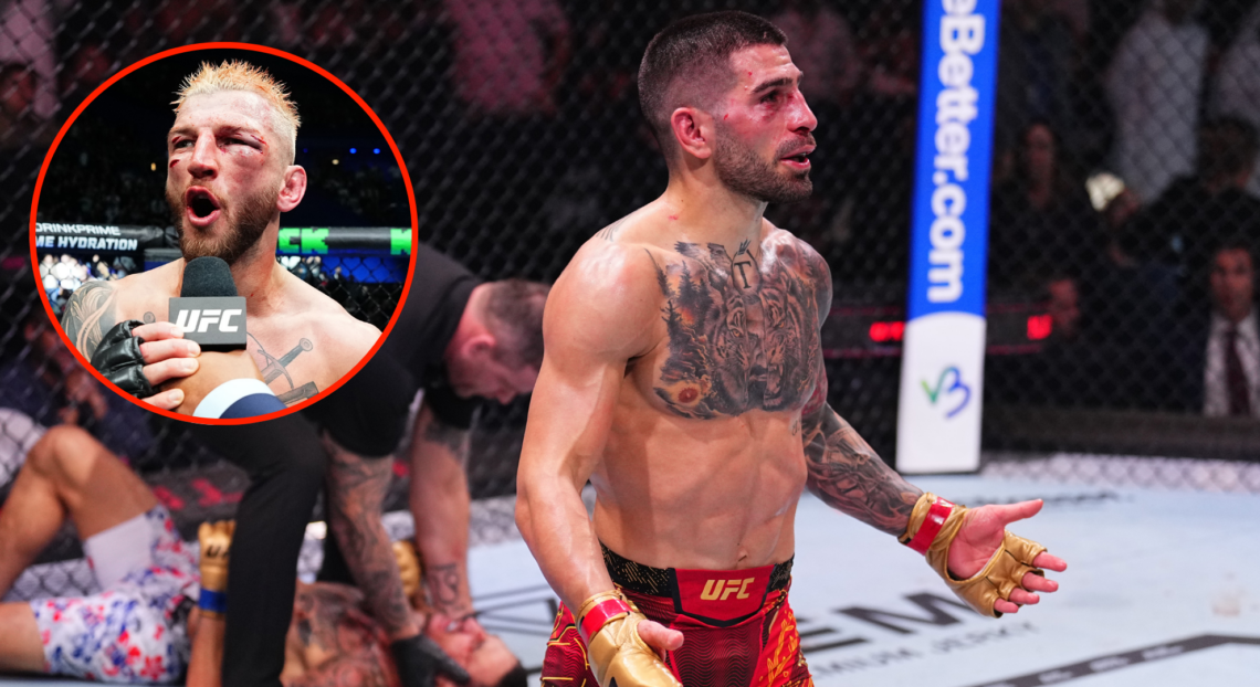 Ilia Topuria reacts after his win over Max Holloway at UFC 308. Inset of Dan Hooker reacting to his win over Mateusz Gamrot at UFC 305.