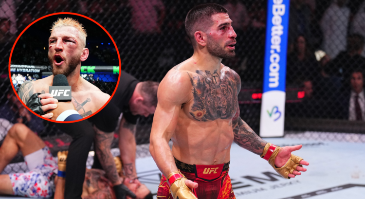 Ilia Topuria reacts after his win over Max Holloway at UFC 308. Inset of Dan Hooker reacting to his win over Mateusz Gamrot at UFC 305.