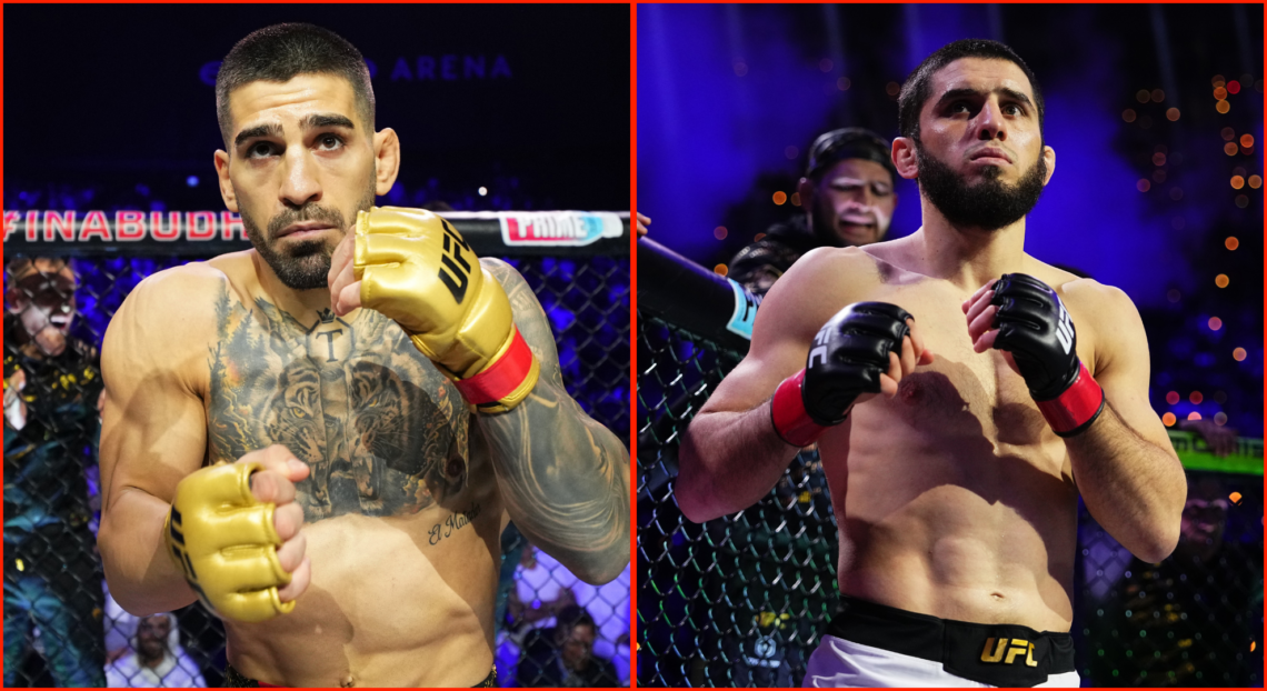 Split Image: Ilia Topuria moments before his fight against Max Holloway at UFC 308. Islam Makhachev prepares to fight Renato Moicano at UFC 311.