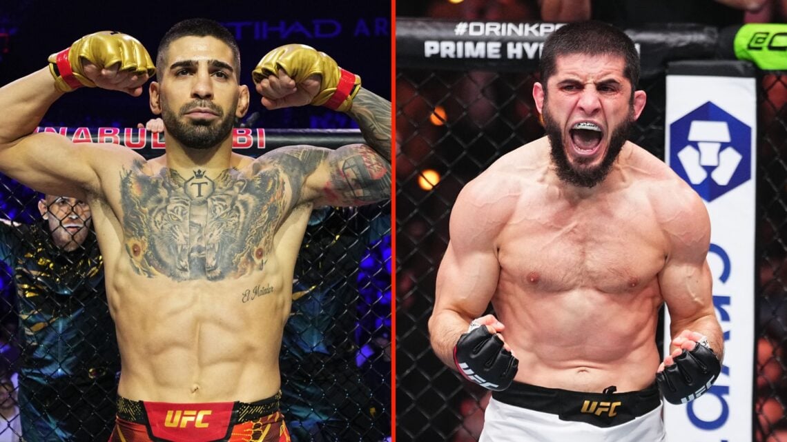 Split image of Ilia Topuria preparing to face Max Holloway, and Islam Makhachev of Russia reacting after a submission victory against Renato Moicano.