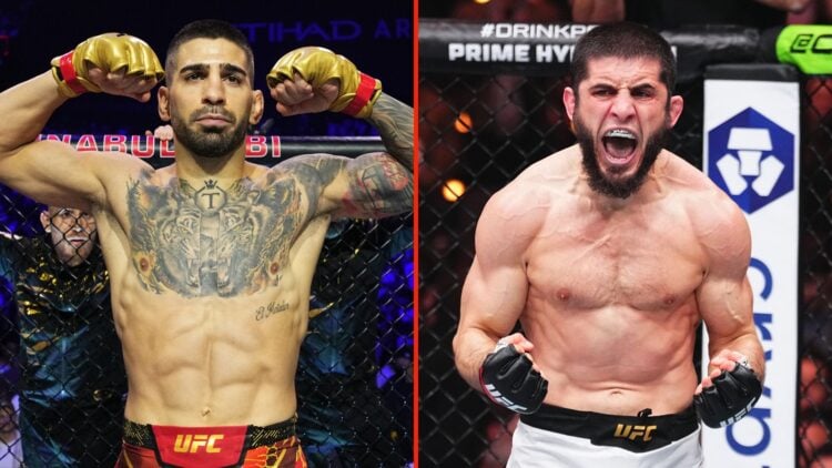 Split image of Ilia Topuria preparing to face Max Holloway, and Islam Makhachev of Russia reacting after a submission victory against Renato Moicano.