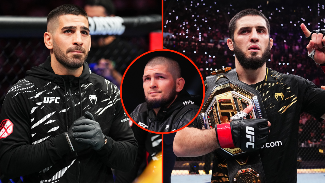 Split image of Ilia Topuria looking on in the corner of Aleksandre Topuria at UFC 312, and Islam Makhachev reacting after win at UFC 311. Inset, Kh...