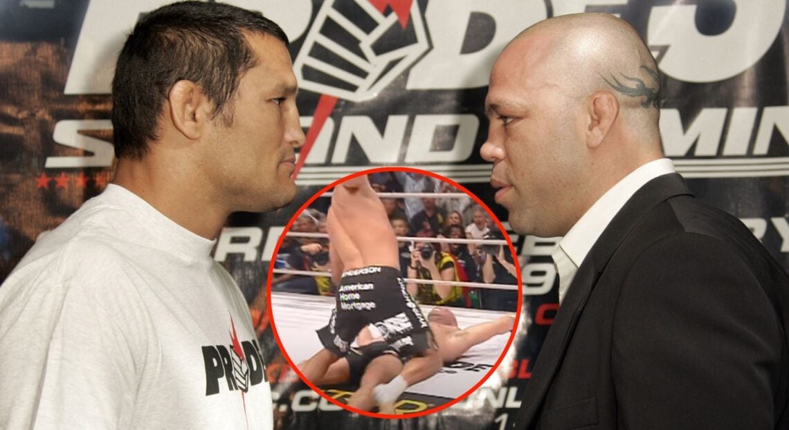 Image of Dan Henderson and Wanderlei Silva. Inset, screenshot Henderson KOs Silva