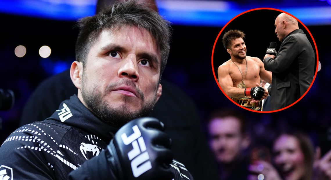 Henry Cejudo walks out for his fight at UFC Seattle, inset Cejudo and Joe Rogan after UFC 249.