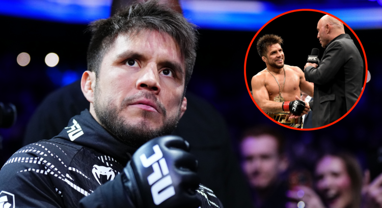Henry Cejudo walks out for his fight at UFC Seattle, inset Cejudo and Joe Rogan after UFC 249.