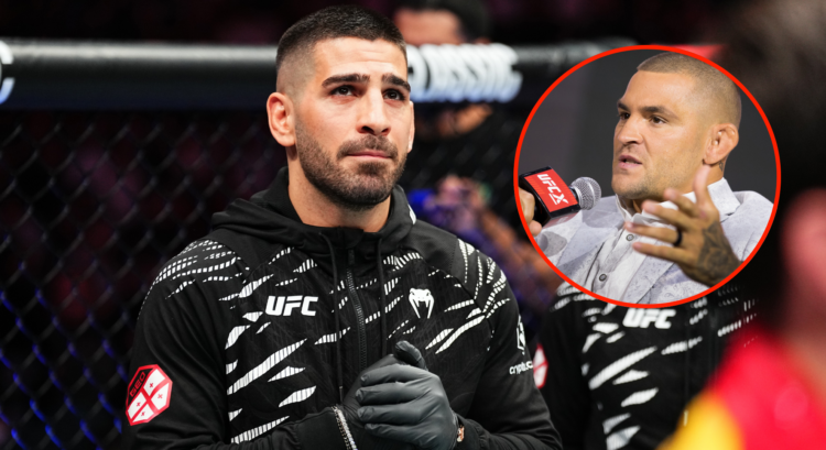 Ilia Topuria looks on in the corner of his brother Aleksandre Topuria during UFC 312. Inset of Dustin Poirier interacting with fans at UFC X event.