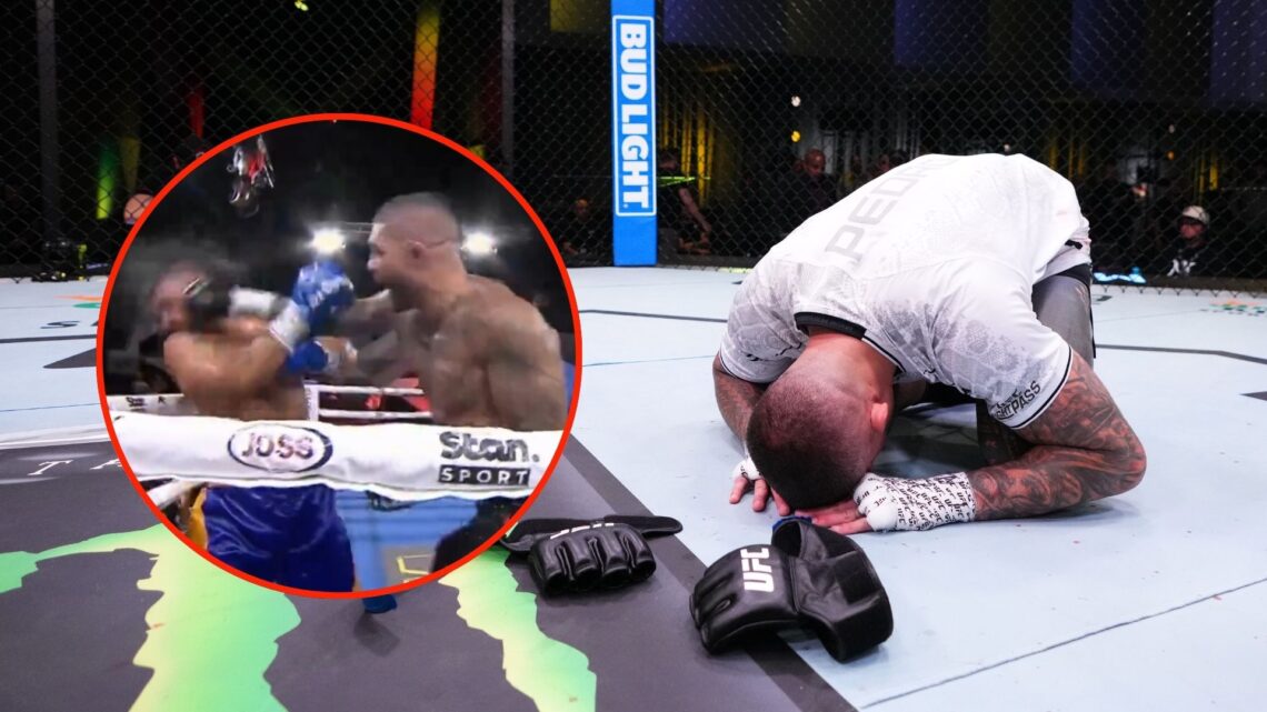 Tyson Pedro of Australia announces his retirement after a loss against Vitor Petrino of Brazil in a light heavyweight bout. Inset, Pedro knocking o...