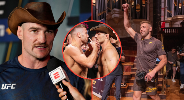 Split image of Dricus Du Plessis and Sean Strickland; insert image of UFC 312 face-off