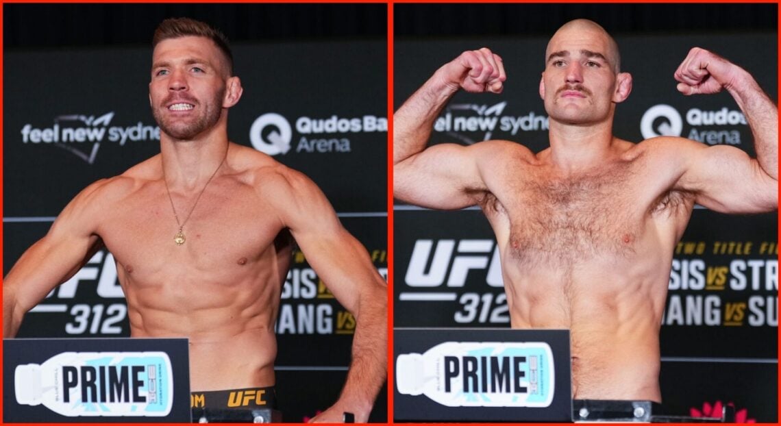 Side by side of Dricus Du Plessis and Sean Strickland at UFC 312 weigh in