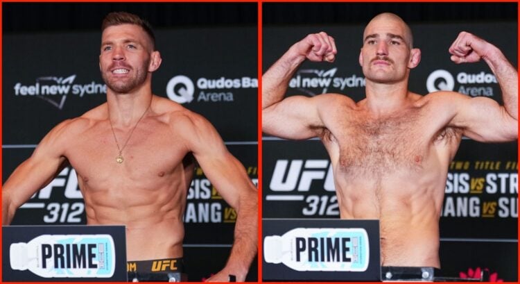 Side by side of Dricus Du Plessis and Sean Strickland at UFC 312 weigh in