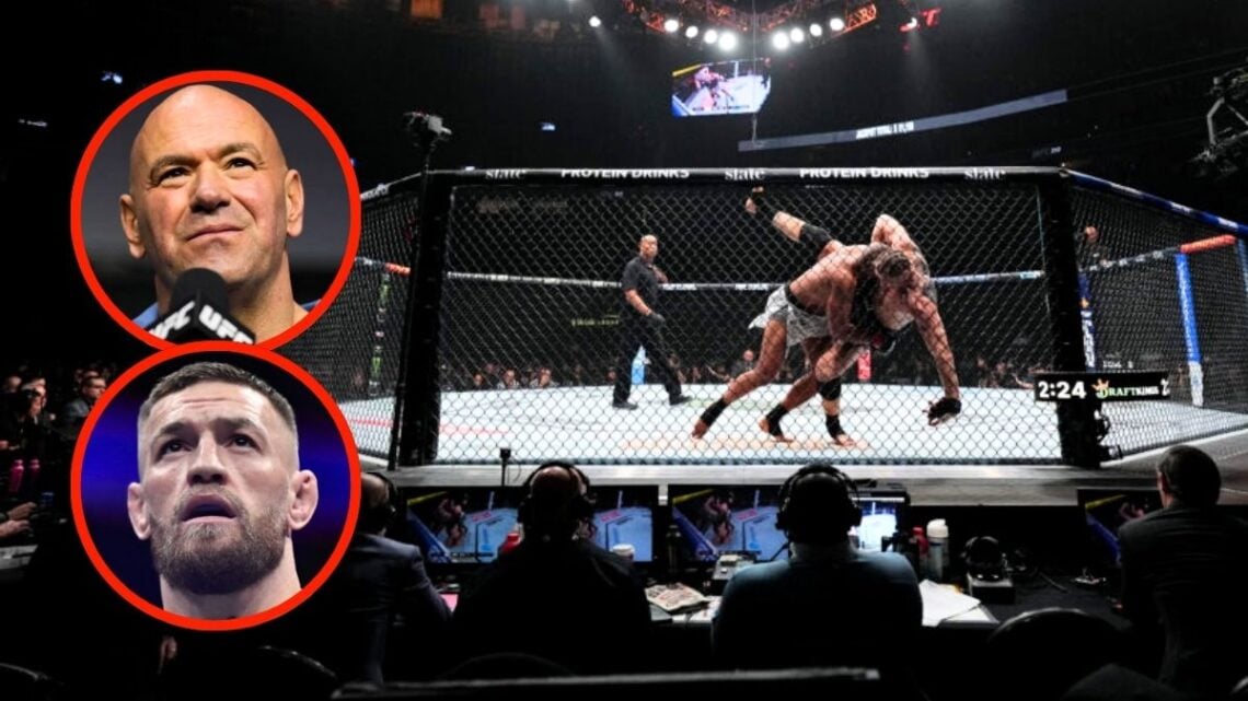 Image of UFC Octagon. Inset. Conor McGregor and Dana White.