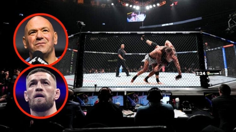 Image of UFC Octagon. Inset. Conor McGregor and Dana White.
