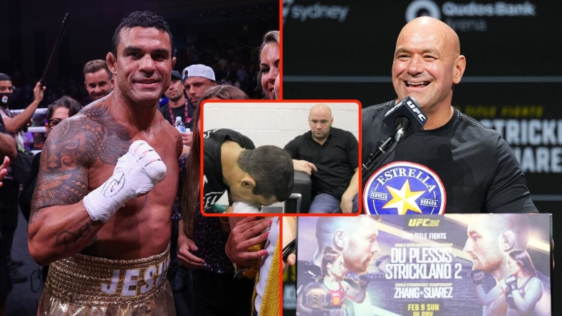 Split image of Vitor Belfort and Dana White. Inset, a screenshot of the two in a video.