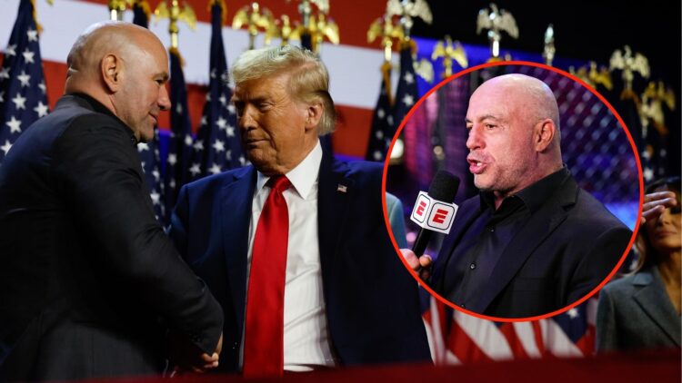Dana White greets Donald Trump with a handshake. Inset, Joe Rogan.