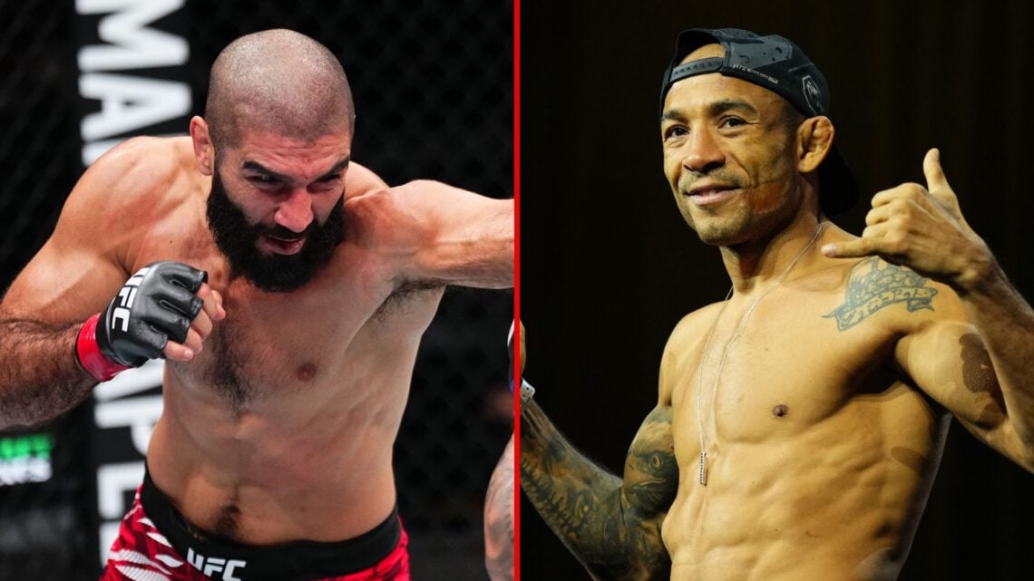 Split image of Aiemann Zahabi punching Pedro Munhoz, and Jose Aldo of Brazil posing on the scale.