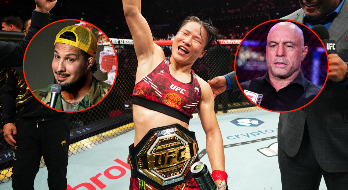 Zhang Weili with her UFC belt after UFC 312, bubbles show Brendan Schaub and Joe Rogan