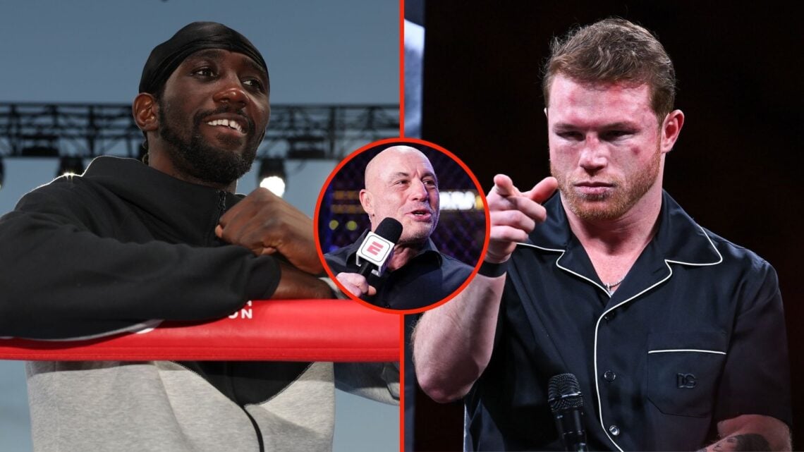 Split image of Terrence Crawford and Canelo Alvarez. Inset, Joe Rogan.
