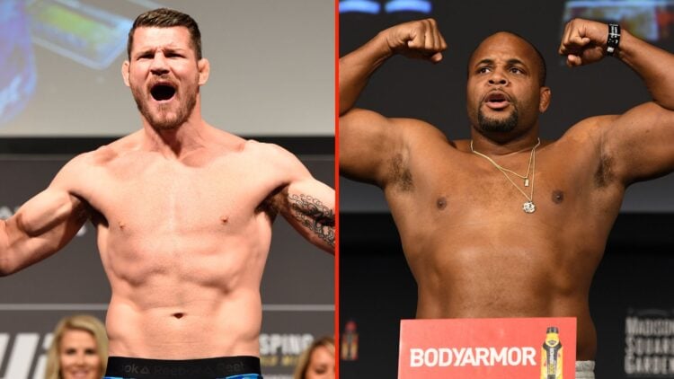Split image of Michael Bisping and Daniel Cormier, both posing during weigh-ins.