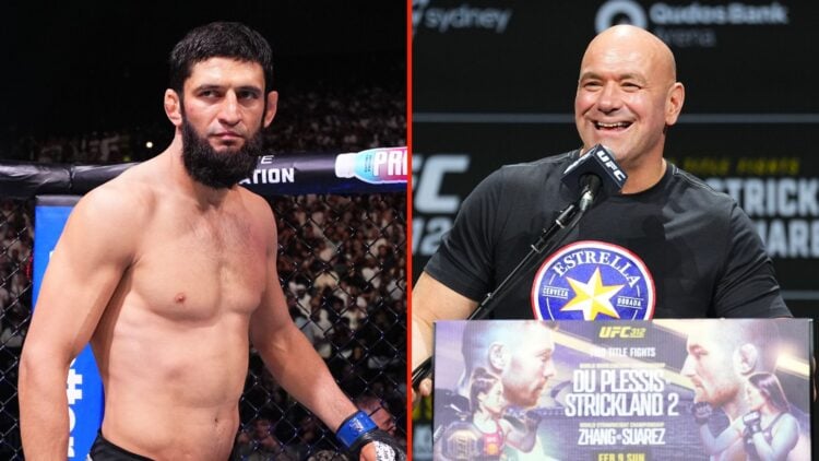 Split image of Khamzat Chimaev and Dana White.