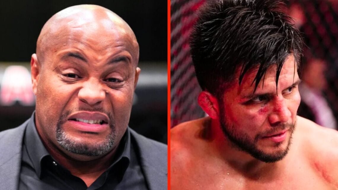 Split image: On the left is Daniel Cormier grimacing, and on the right is Henry Cejudo looking solemn.