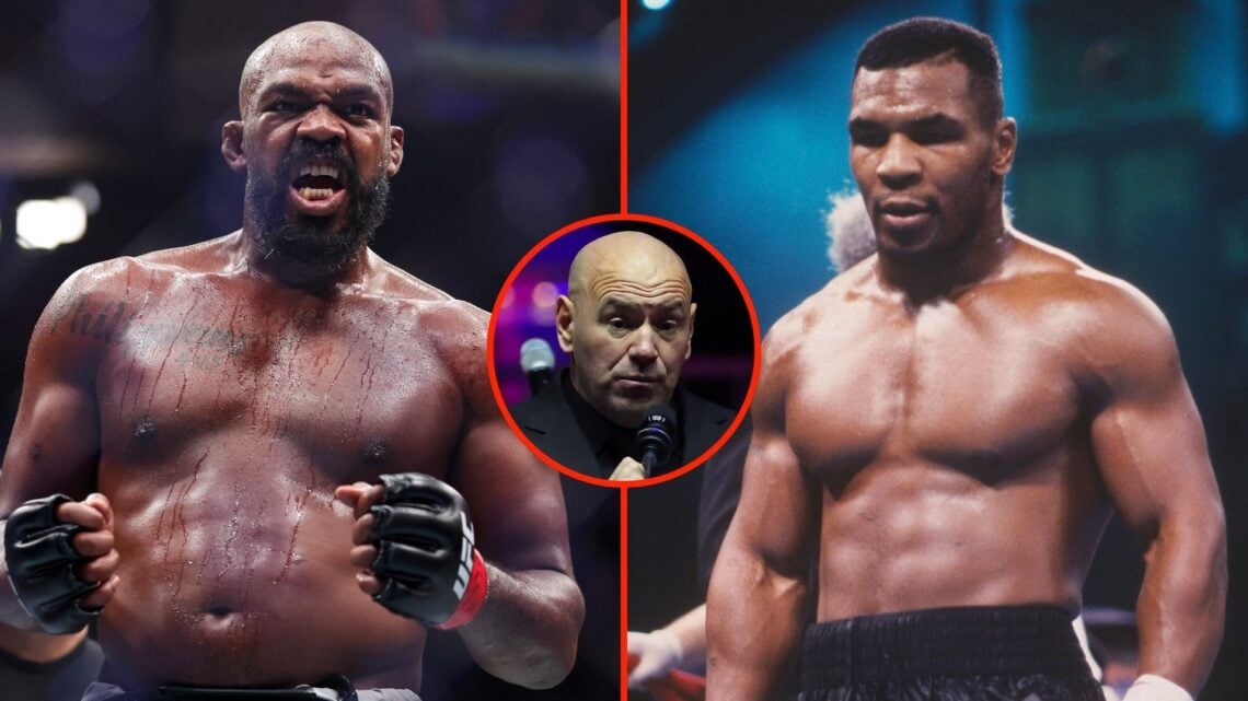 Split image of Jon Jones and Mike Tyson. Inset, Dana White.
