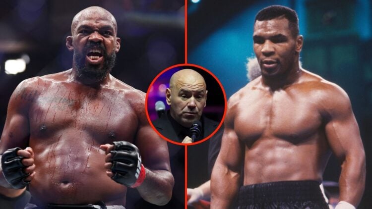 Split image of Jon Jones and Mike Tyson. Inset, Dana White.