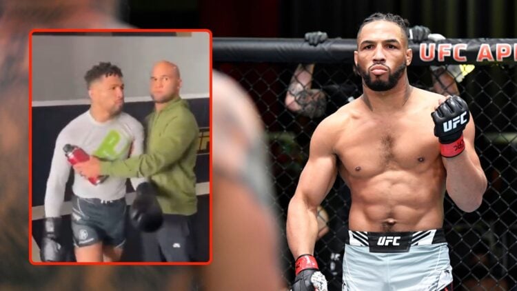 Kevin Lee prepares to fight Daniel Rodriguez in a welterweight fight. Inset, screenshot of Kevin Lee getting back up after being hit.