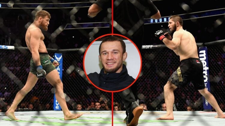 Khabib Nurmagomedov and Conor McGregor squaring off with an inset of Usman Nurmagomedov