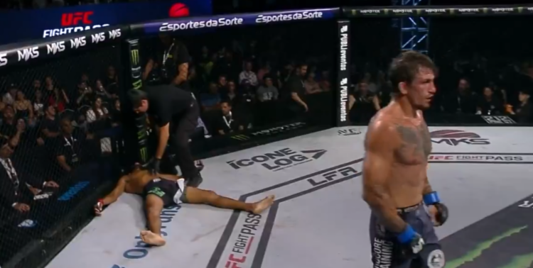 Vladimir Kanunnikov walks away from Paulo Henrique, who is left unconscious after a series of brutal elbows at LFA 201.