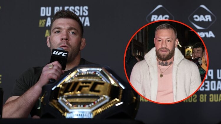 Dricus Du Plessis on the mic. Inset, Conor McGregor.
