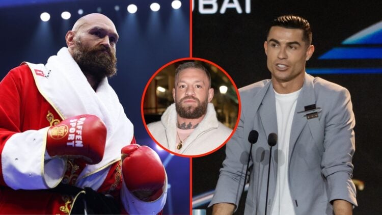 Split image of Cristiano Ronaldo and Tyson Fury, with an insert image of Conor McGregor