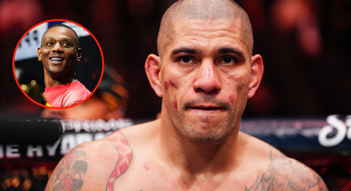 Image of Alex Pereira after the fifth round at UFC 313, inset Jamahal Hill at UFC 311 press conference.