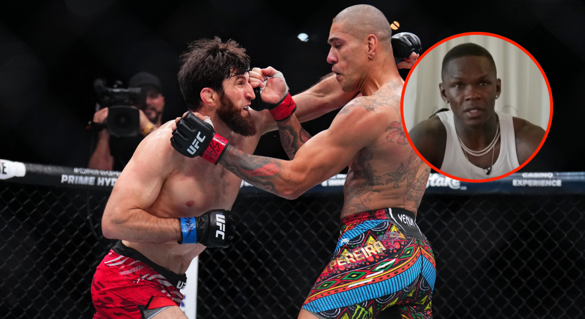 Magomed Ankalaev and Alex Pereira fighting at UFC 313 with a bubble showing Israel Adesanya reacting