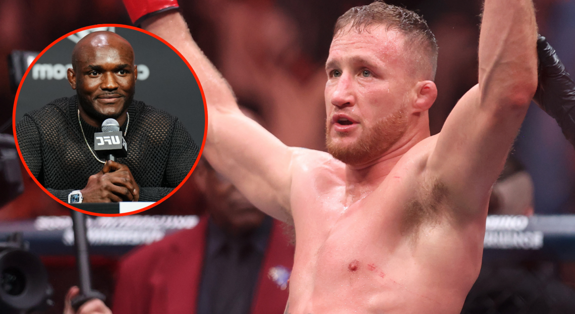 Image of Justin Gaethje celebrating after UFC 313, inset Kamaru Usman at the UFC 294 pre-fight press conference.