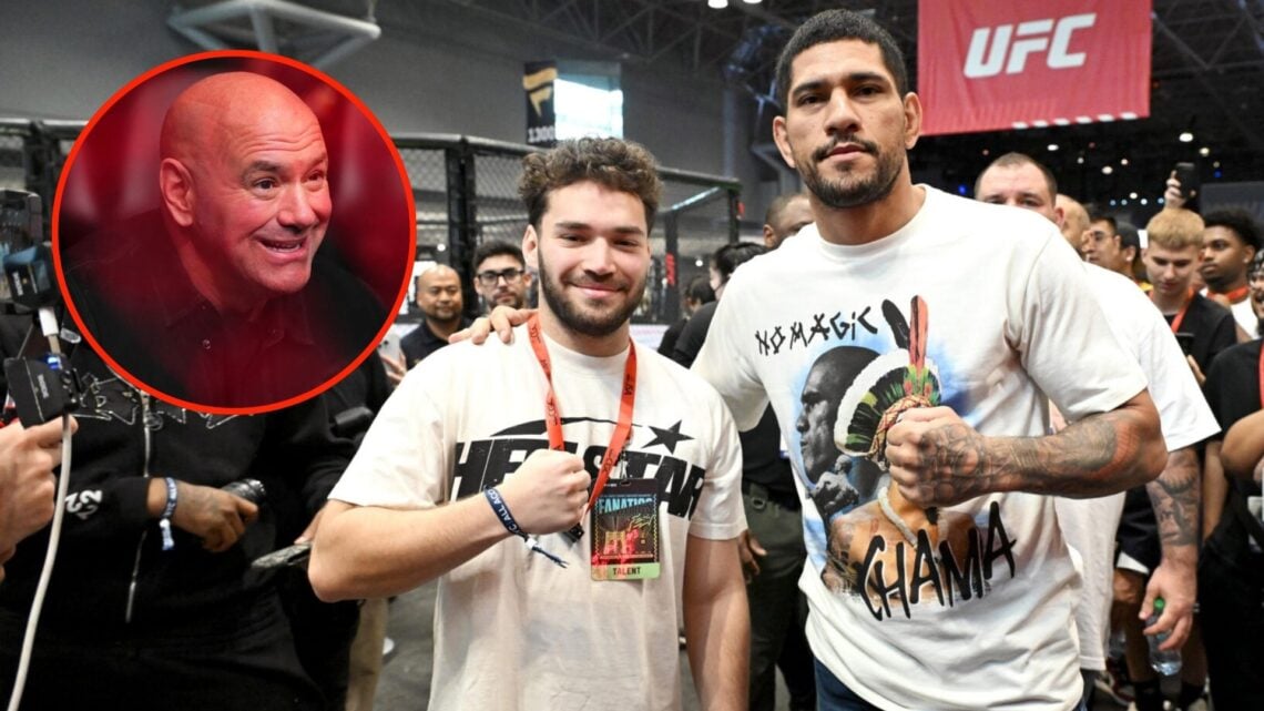 Image of streamer Adin Ross with UFC fighter Alex Pereira, insert UFC CEO Dana White.