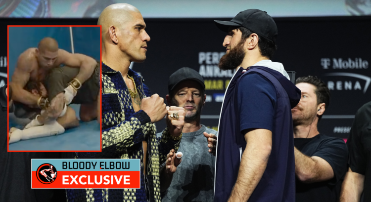 Alex Pereira facing off with Magomed Ankalaev with a box showing him sparring with Dillon Danis. Overlay text reads: BLOODY ELBOW EXCLUSIVE