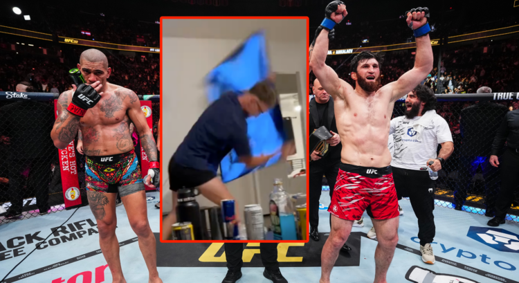 Main photo shows Alex Pereira losing to Magomed Ankalaev at UFC 313, block in the middle shows a fan smashing his TV
