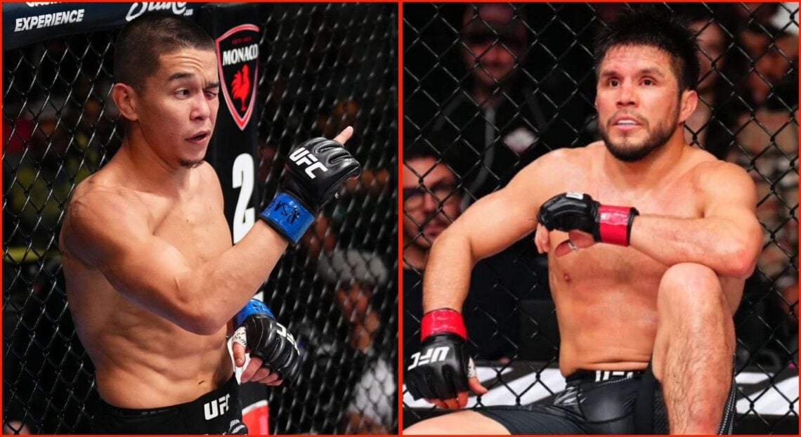 Split image of Asu Almabayev at UFC Vegas 103 and Henry Cejudo at UFC Seattle