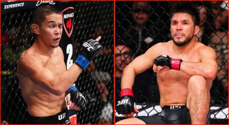 Split image of Asu Almabayev at UFC Vegas 103 and Henry Cejudo at UFC Seattle