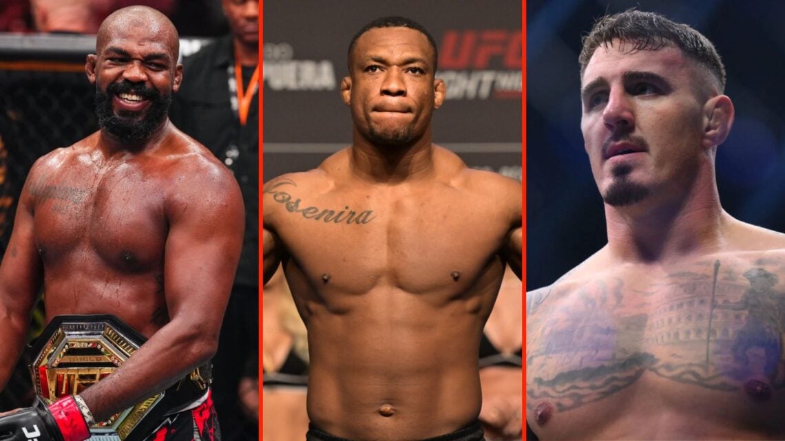 Side by side of UFC heavyweights Jon Jones, Jailton Almeida, and Tom Aspinall.