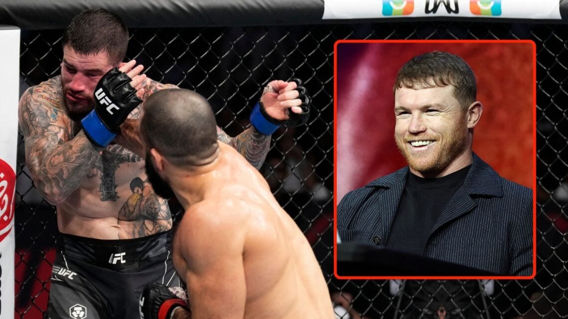 Belal Muhammad punches Sean Brady in a welterweight fight during the UFC 280 event at Etihad Arena. Inset, Canelo Alvarez of Mexico speaks during h...